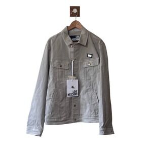 Love Moschino RARE Mens Khaki Denim Trucker Jacket Tan Beige Size 52 US 36 NWT